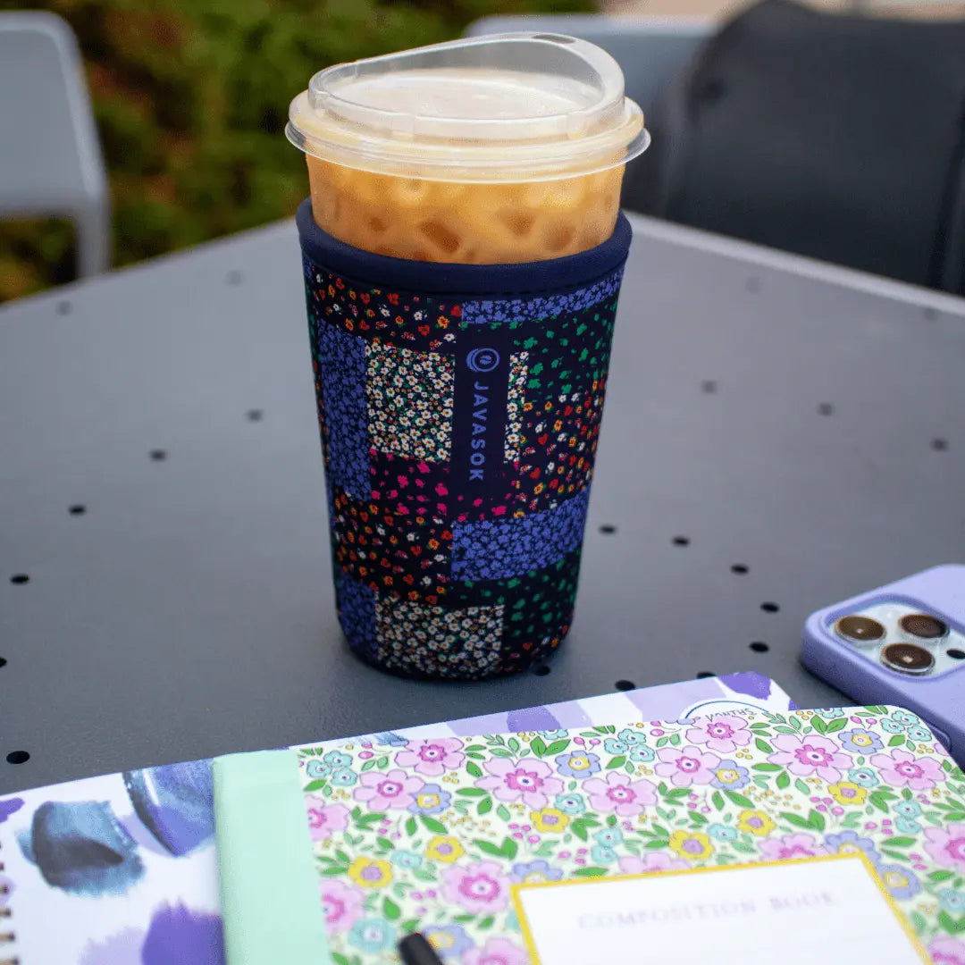 Reusable Cup Sleeve, Flower Patch, Neoprene Construction for Iced Coffee, Cold Drinks and Condensation Control image 2
