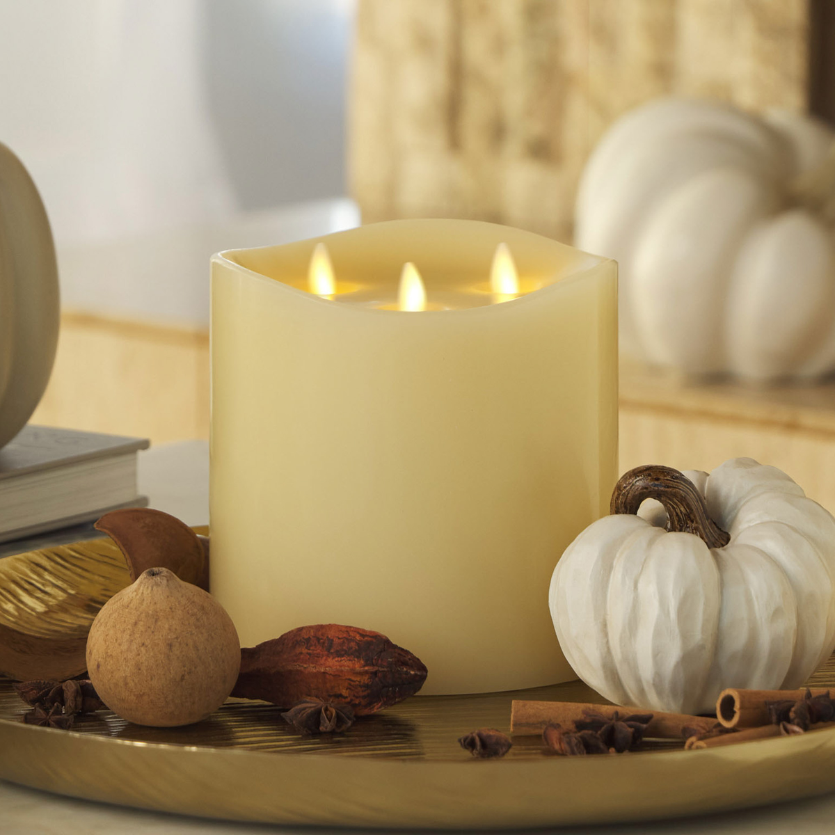 Flameless Candle, Ivory Tri Flame Grand Pillar Melted Top for Mantels, Entryways and Holiday Displays, 2 Size Options image 2