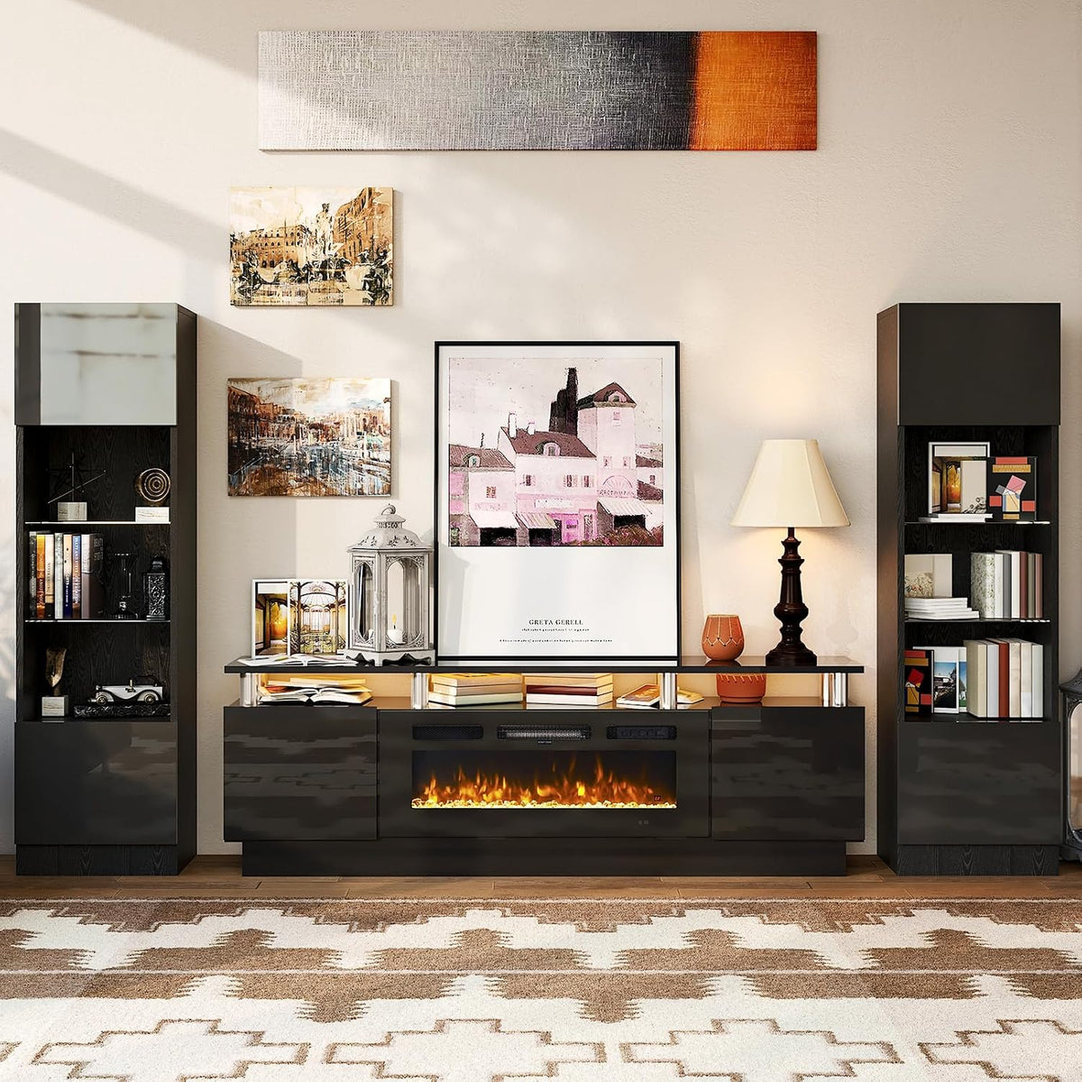 TV Stand, Electric Fireplace with Mirrored Doors, Stainless Steel Construction for Television Displays, Consoles and Organized Living Spaces image 2