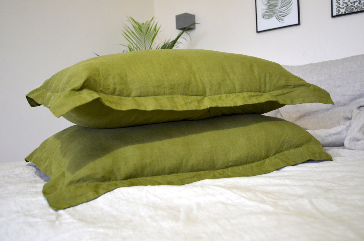 Linen Pillow Sham, with Flanged Edge Flax Cover in Moss Green for Beds, Bedroom Styling and Layered Bedding, 6 Size Options image 2