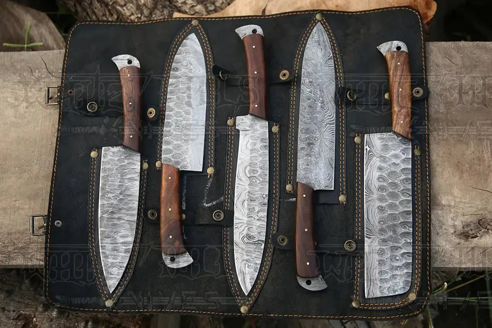 Chef Knife Set, Black Rose Damascus 5 Piece & Leather Roll for Home Kitchens, Food Prep and Cooking image 2