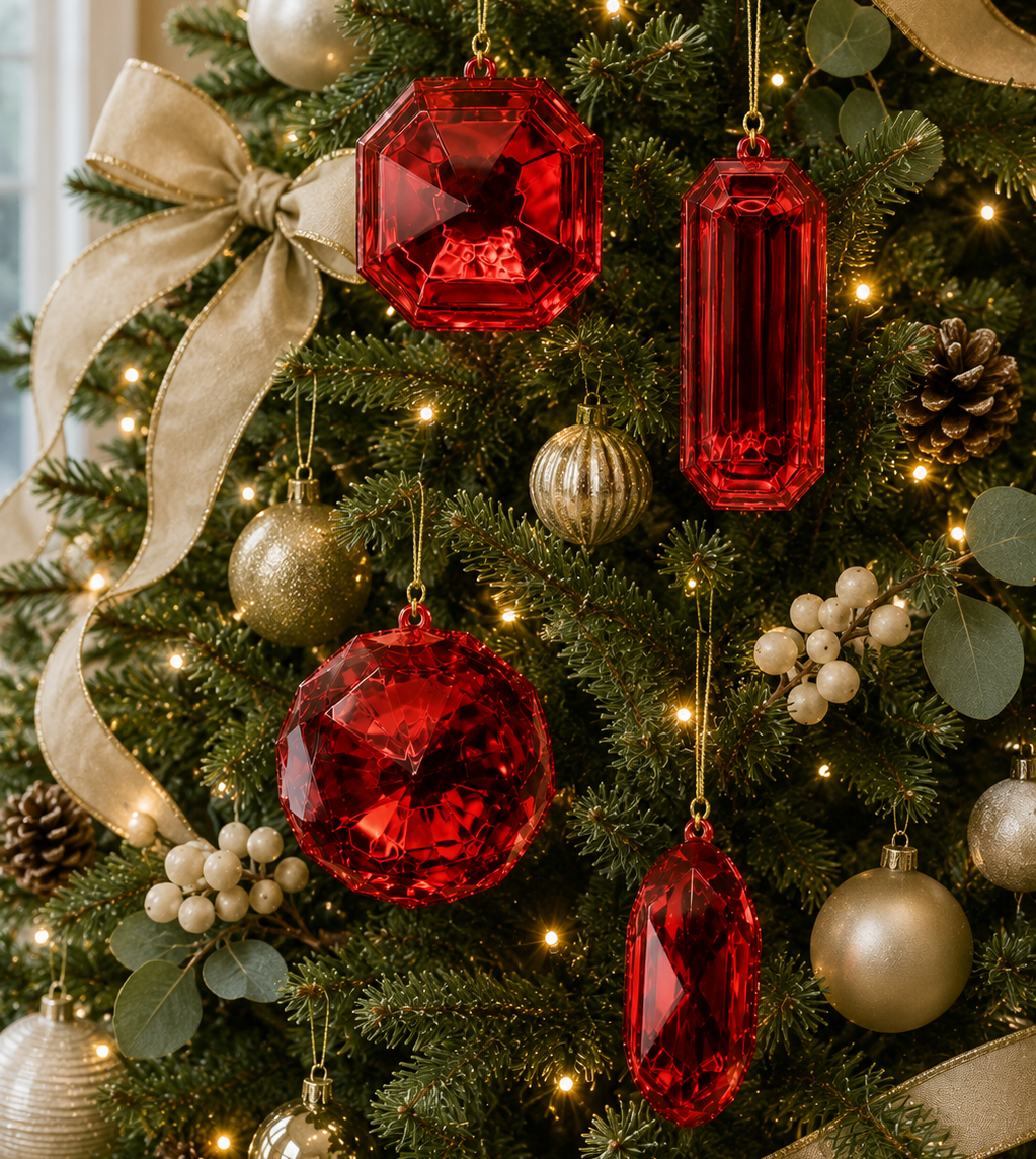 Seasonal Home Decor, 4" 5" Red Glitter Jewel Ornament Assorted Set for Holiday Displays, Shelves and Festive Rooms image 2