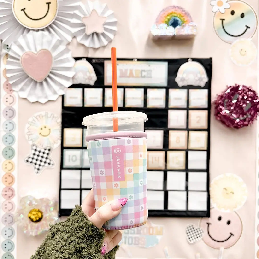 Reusable Cup Sleeve, Gingham Flowers, Neoprene Construction for Iced Coffee, Cold Drinks and Condensation Control, 2 Size Options image 2