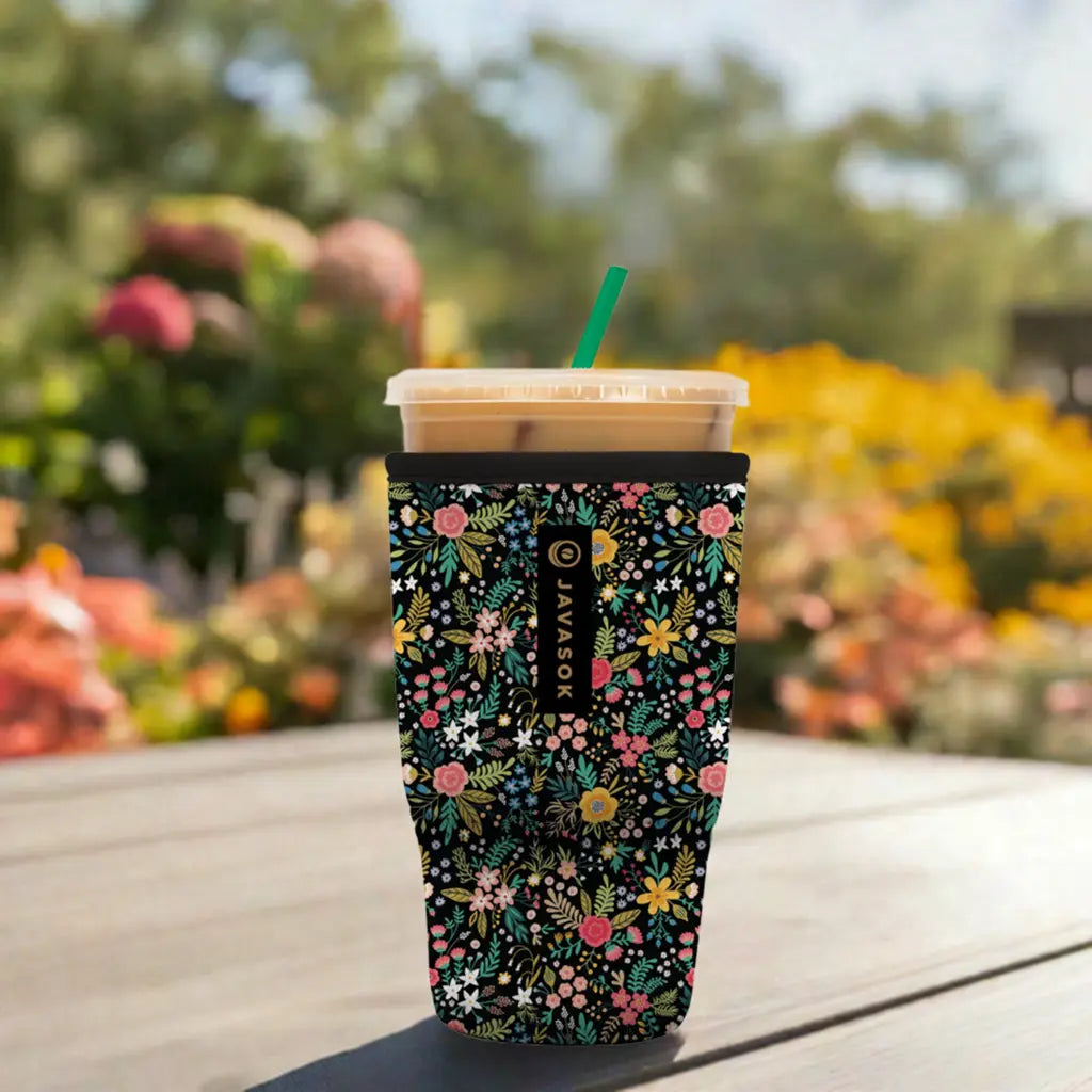 Reusable Cup Sleeve, Black English Garden Picnic, Neoprene Construction for Iced Coffee, Cold Drinks and Condensation Control image 3