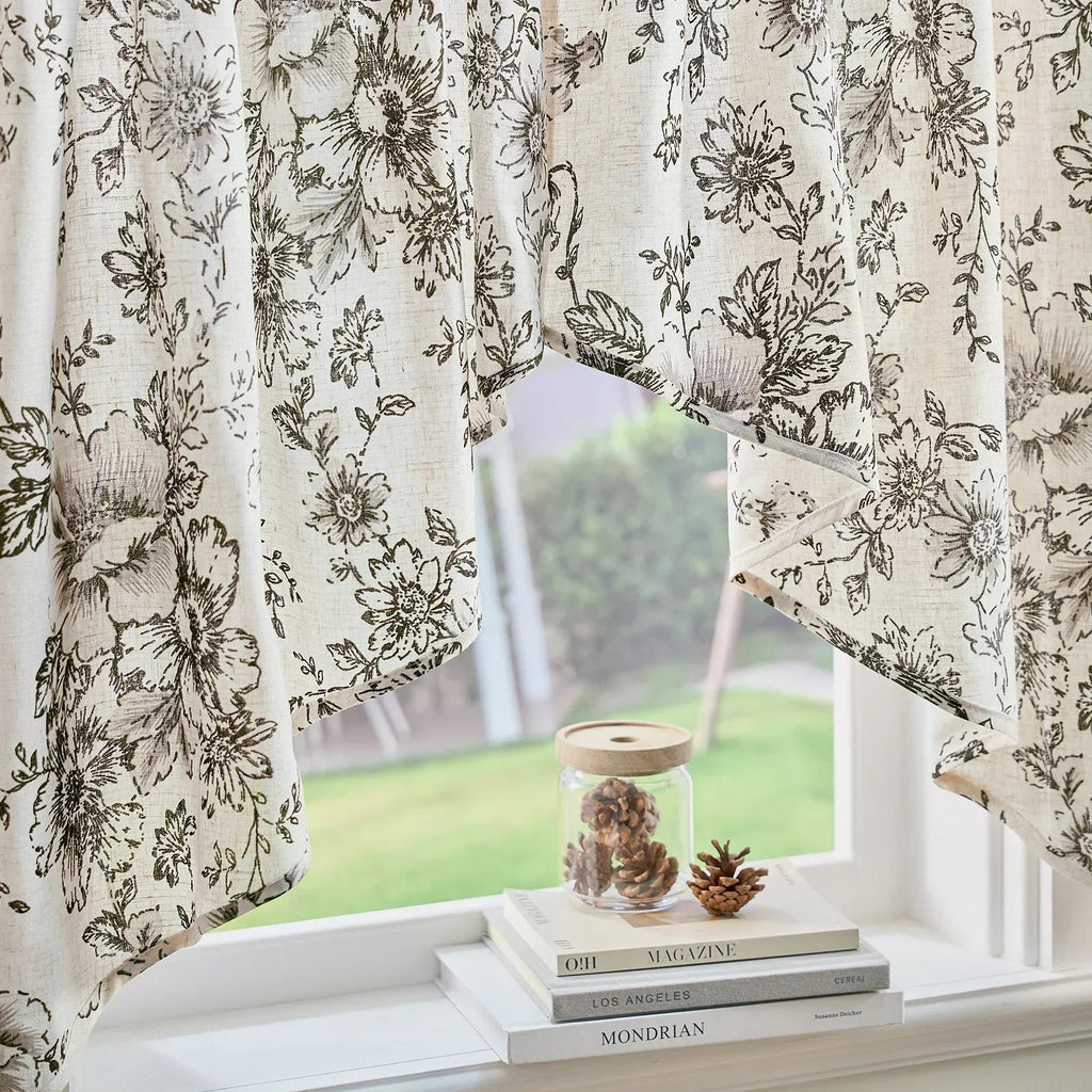 Window Curtain, Black Floral Swag Linen Kitchen Curtains (2 for Bedrooms, Living Rooms and Home Privacy, 3 Sizes and 3 Colors image 3