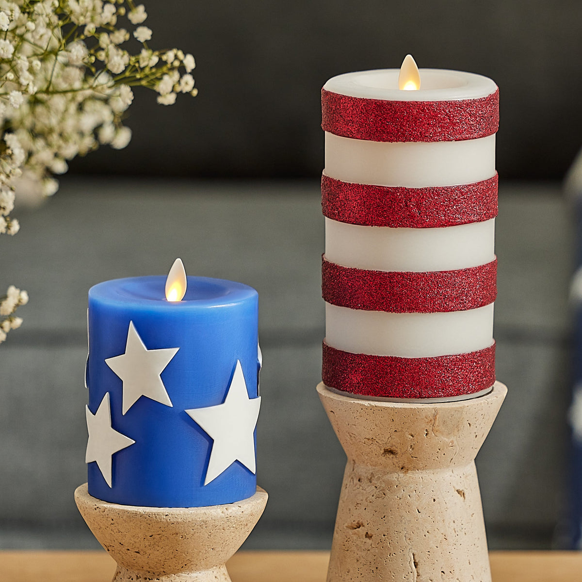 Flameless Candle, Set of 2 Stars & Stripes Pillars for Mantels, Entryways and Holiday Displays image 3