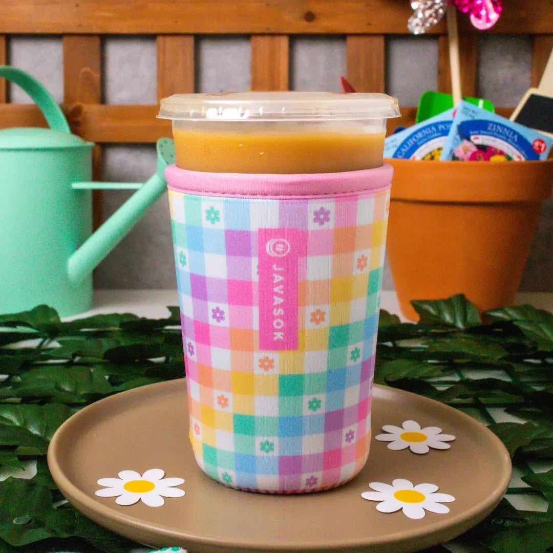 Reusable Cup Sleeve, Gingham Flowers, Neoprene Construction for Iced Coffee, Cold Drinks and Condensation Control, 2 Size Options image 3