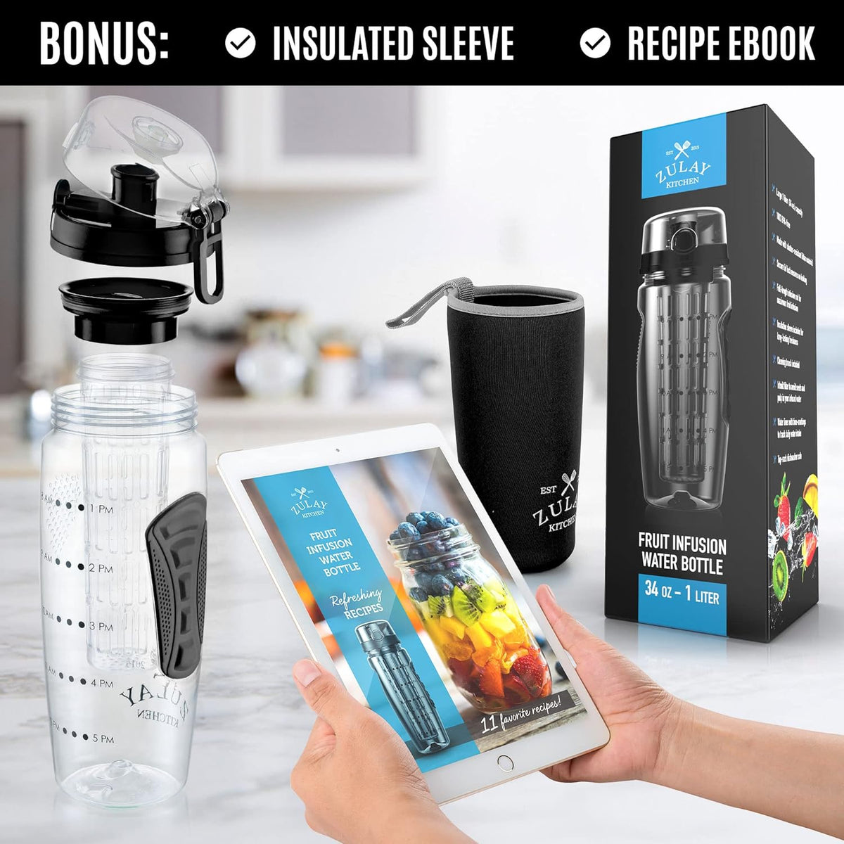 Reusable Drink Bottle, Fruit Infuser for Work, Travel and Everyday Hydration, 9 Color Options image 3