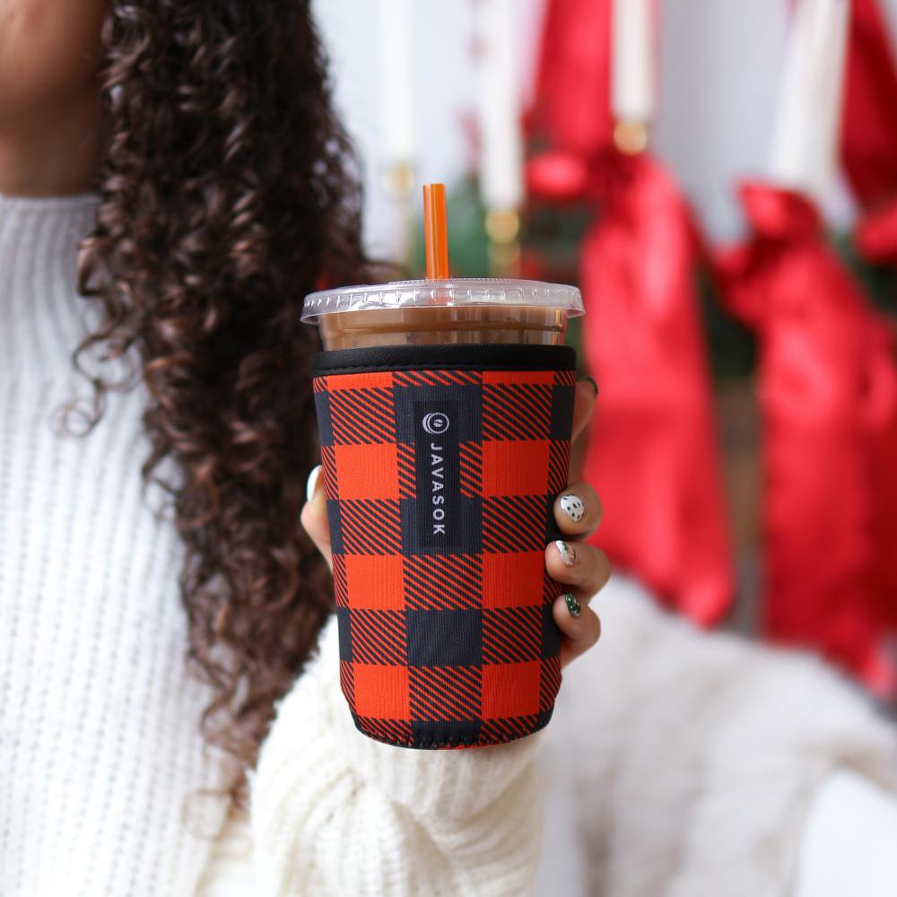 Reusable Cup Sleeve, Buffalo Check, Neoprene Construction for Iced Coffee, Cold Drinks and Condensation Control image 3