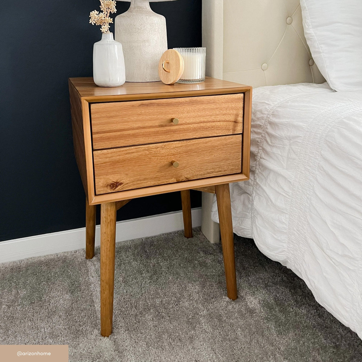 Nightstand, Wood Mid Century Nightstands Acacia (Set of 2), Solid Wood Construction for Bedrooms, Bedside Essentials and Everyday Storage image 3
