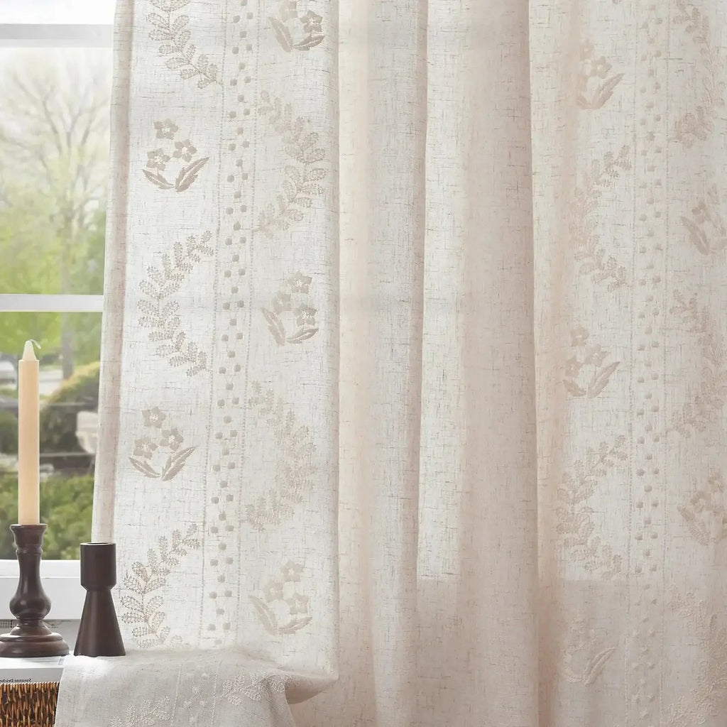 Window Curtain, Vintage Lined Embroidered Botanical Border for Windows, Room Styling and Everyday Privacy, 3 Sizes and 3 Colors image 3
