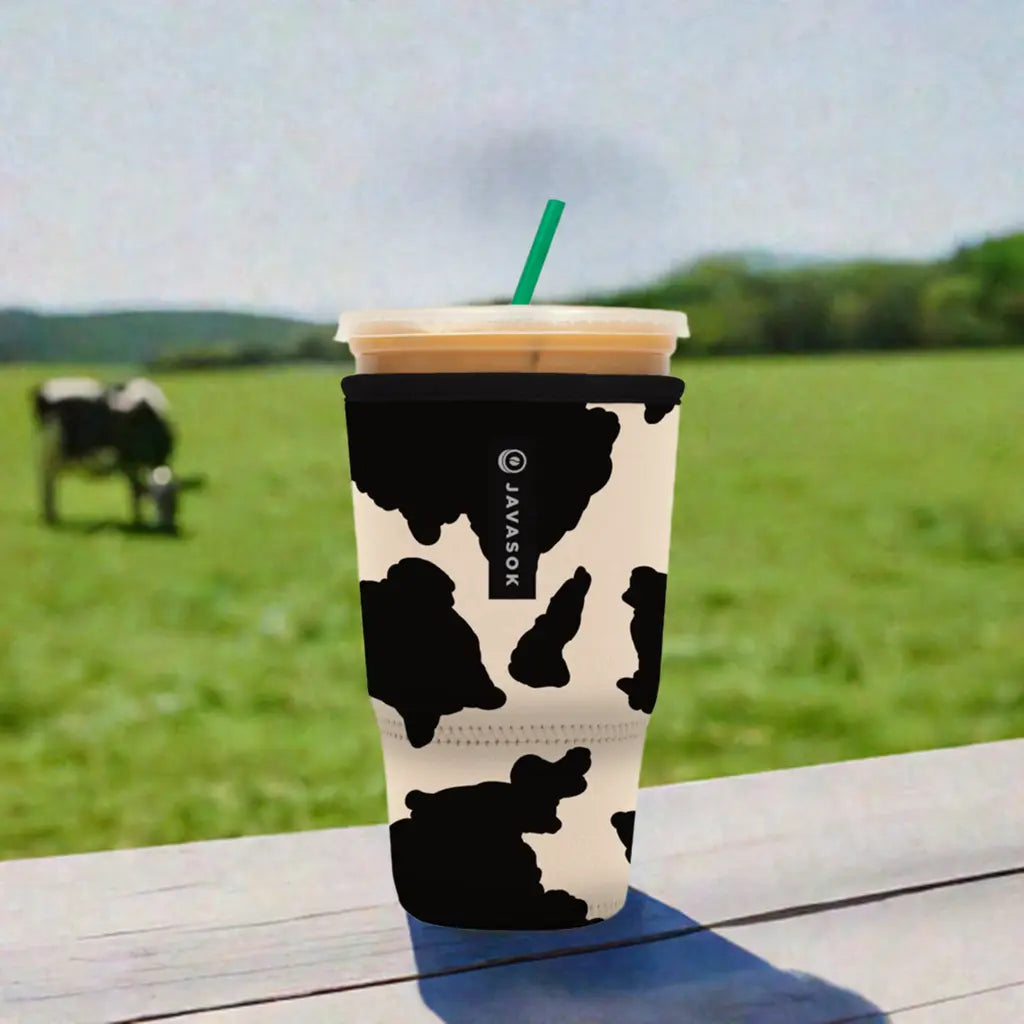 Reusable Cup Sleeve, Cow Print, Neoprene Construction for Iced Coffee, Cold Drinks and Condensation Control, 5 Size Options image 3