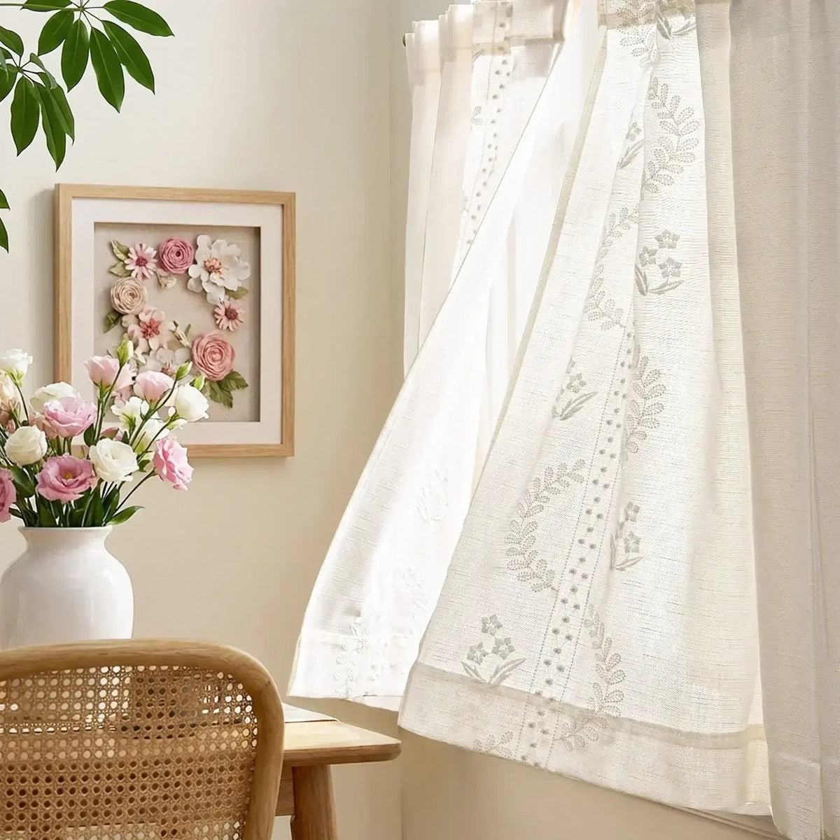 Window Curtain, Vintage Wavy Floral Embroidery Kitchen, Lightweight Design for Windows, Room Styling and Everyday Privacy image 3