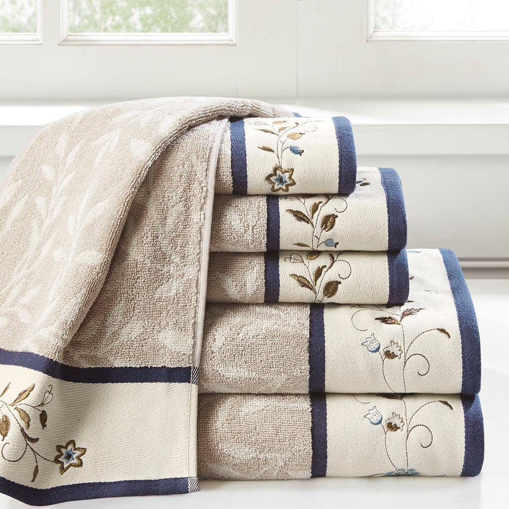 Bath Linen, Serene Embroidered Cotton Jacquard 6 Piece, Machine-Washable Care for Home Bathrooms and Everyday Care, 5 Color Options image 3