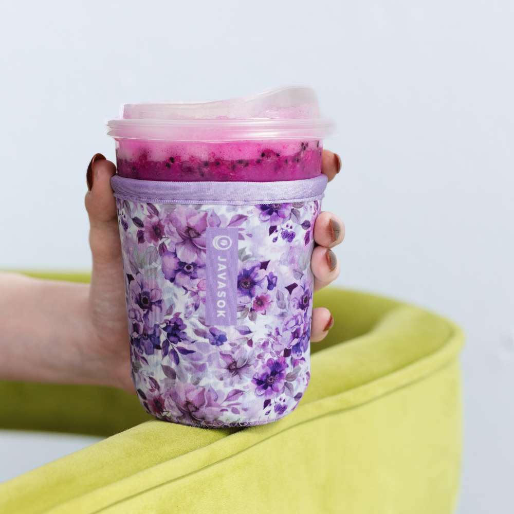 Reusable Cup Sleeve, Lilac Meadows, Lightweight Design, Neoprene Construction for Iced Coffee, Cold Drinks and Condensation Control image 3