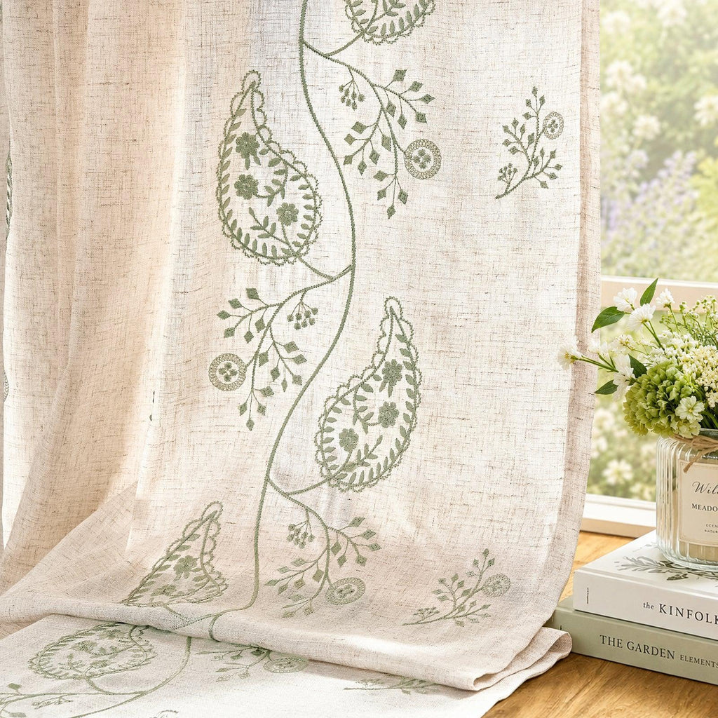 Window Curtain, Embroidered Floral Paisley Vine Linen Blend for Windows, Room Styling and Everyday Privacy, 3 Sizes and 4 Colors image 3