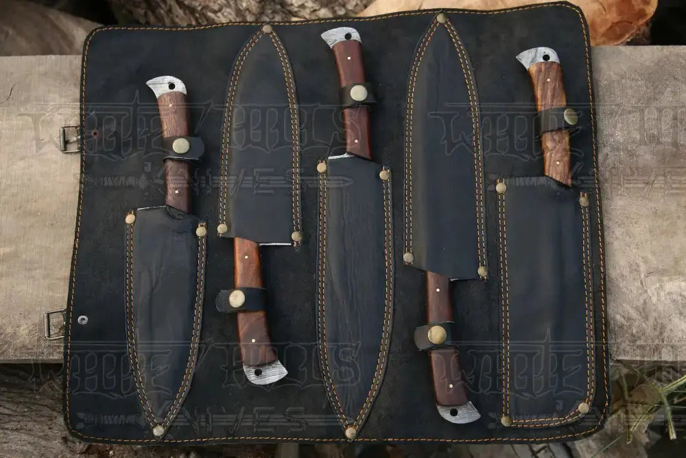 Chef Knife Set, Black Rose Damascus 5 Piece & Leather Roll for Home Kitchens, Food Prep and Cooking image 3