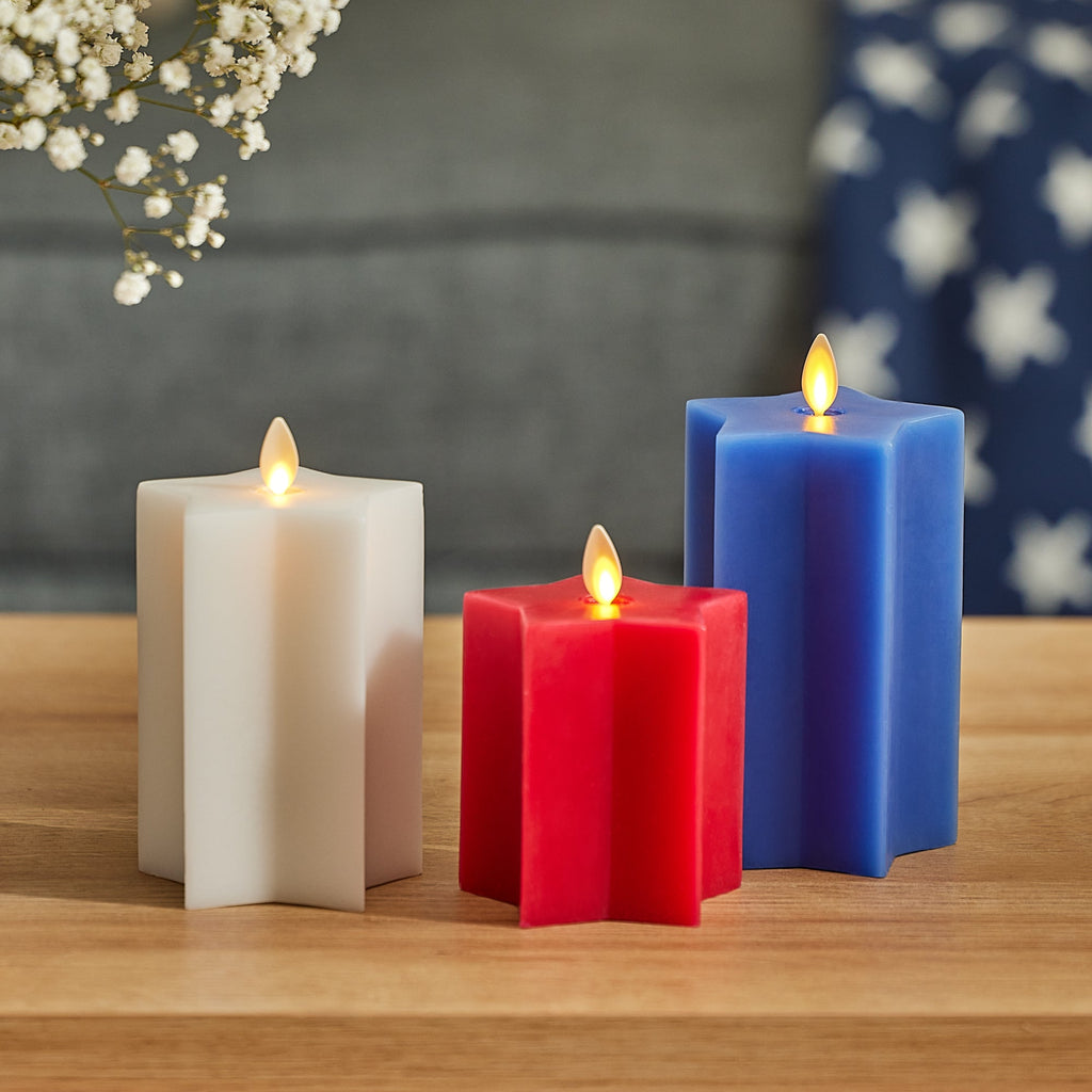 Flameless Candle, Set of 3 Red, White & Blue Star shaped Pillars for Mantels, Entryways and Holiday Displays image 3