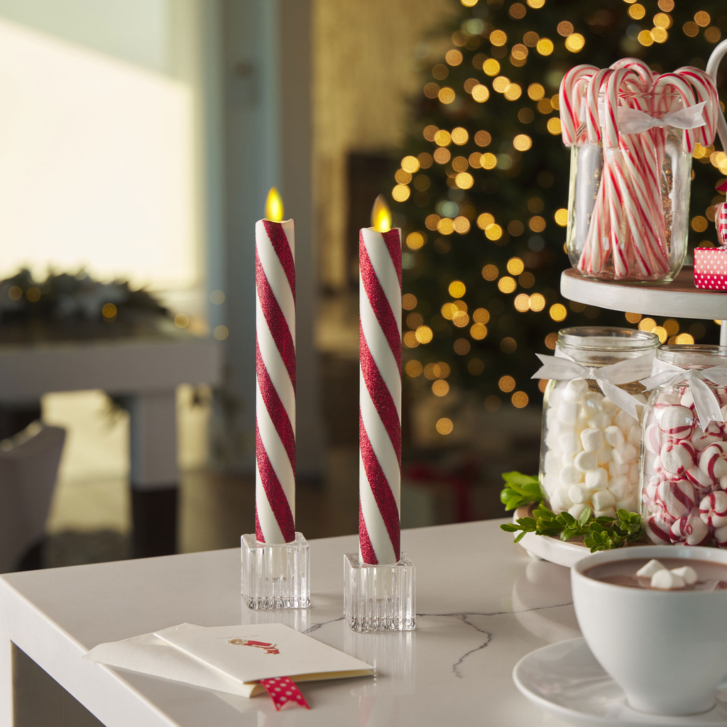 Flameless Candle, Red Candy Cane Glitter Stripe White Tapers Set for Mantels, Entryways and Holiday Displays image 3