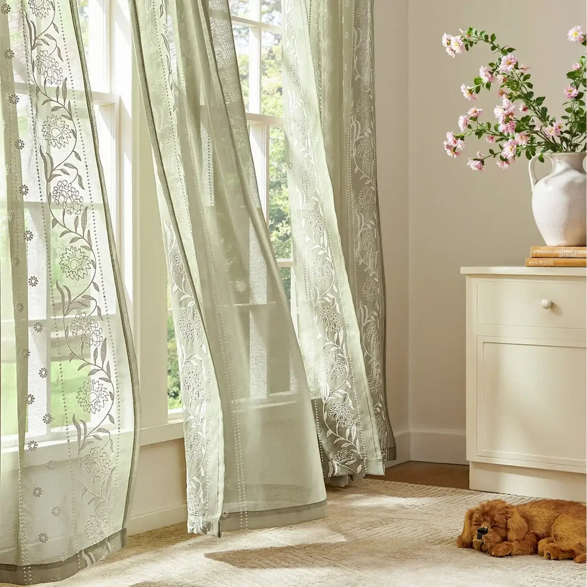 Window Curtain, Boho Sheer Bordered Floral Embroidered for Bedrooms, Living Rooms and Home Privacy, 3 Sizes and 4 Colors image 3