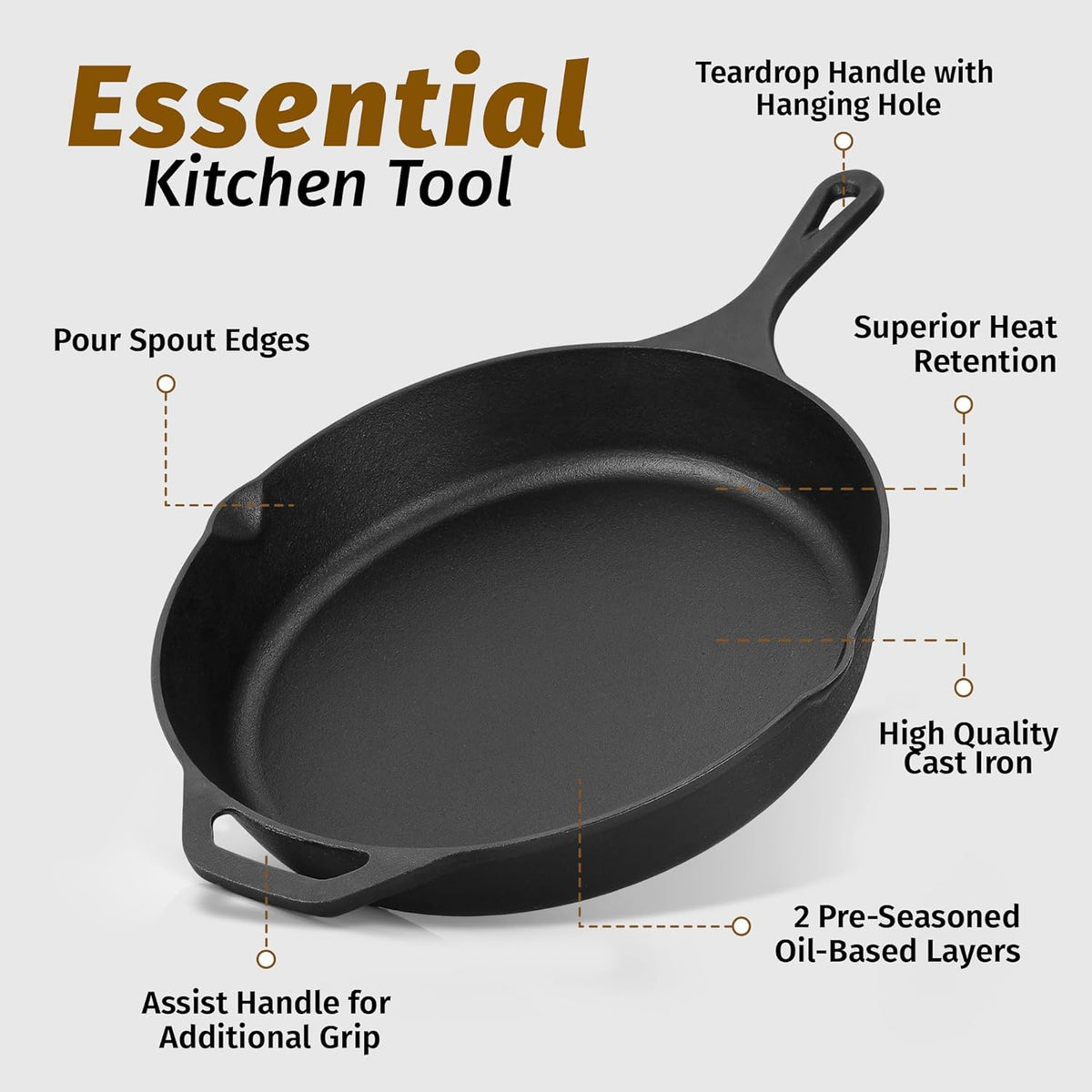 Stainless Steel Fry Pan, Pre Seasoned Cast Iron Skillet for Searing, Sautéing and Everyday Meal Prep, 2 Size Options image 3