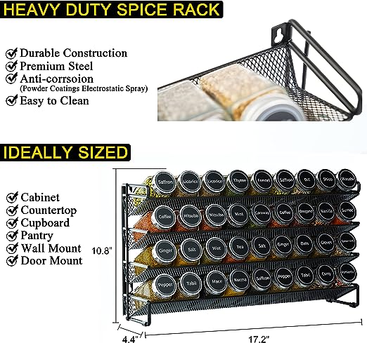 Home Storage Organizer, Spice Rack with 36 Empty Spice Bottles, Black, Waterproof Protection for Bedrooms, Laundry Rooms and Living Spaces image 4
