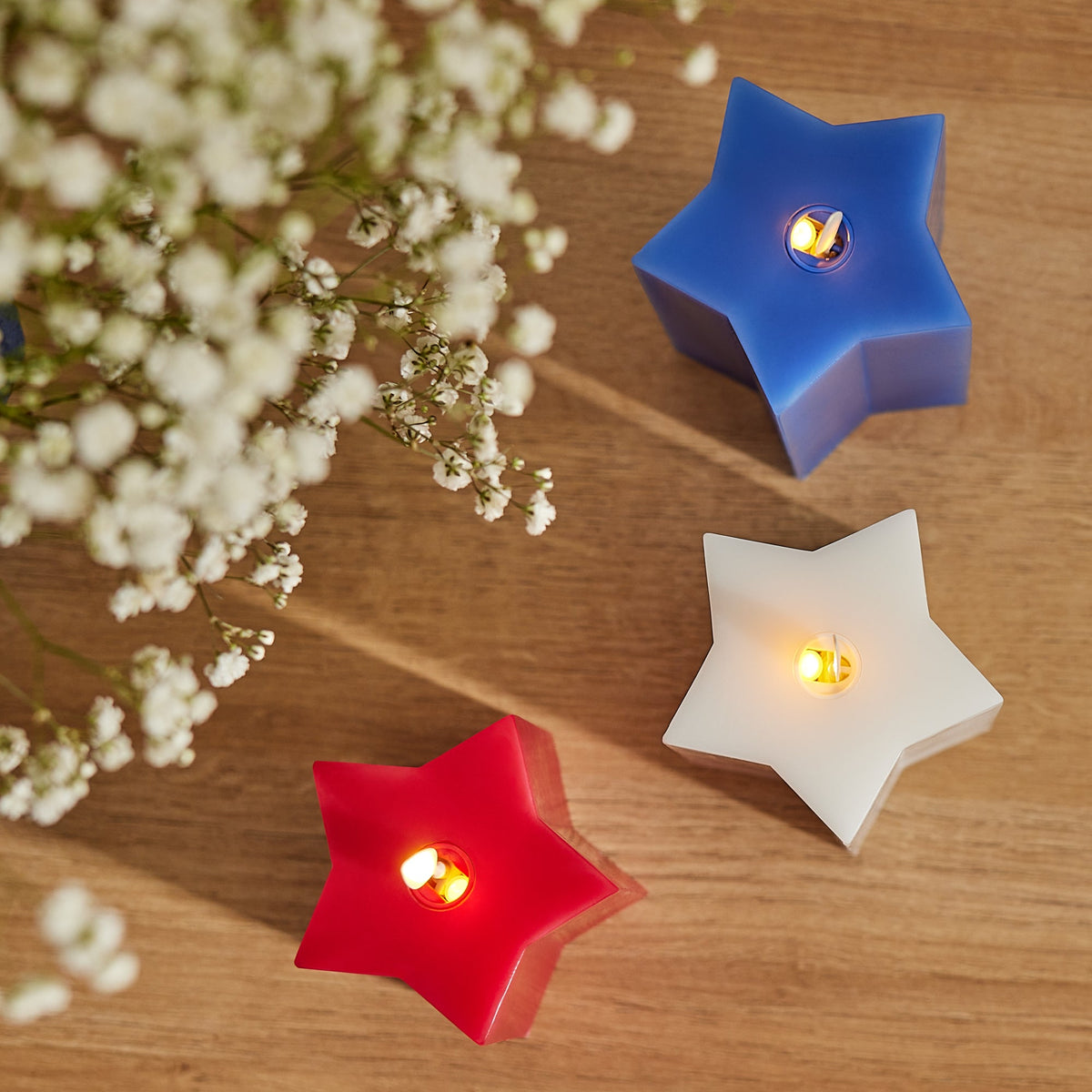 Flameless Candle, Set of 3 Red, White & Blue Star shaped Pillars for Mantels, Entryways and Holiday Displays image 4
