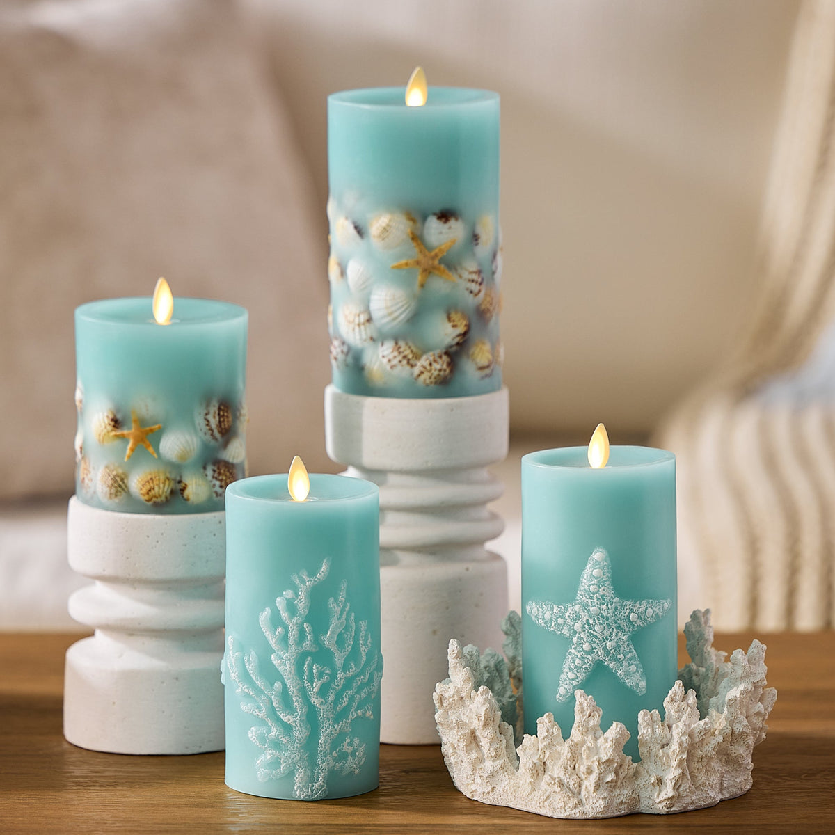 Flameless Candle, Soft Teal Embedded Seashell & Starfish Pillar for Bedrooms, Living Rooms and Everyday Candlelight Ambience, 2 Size Options image 4