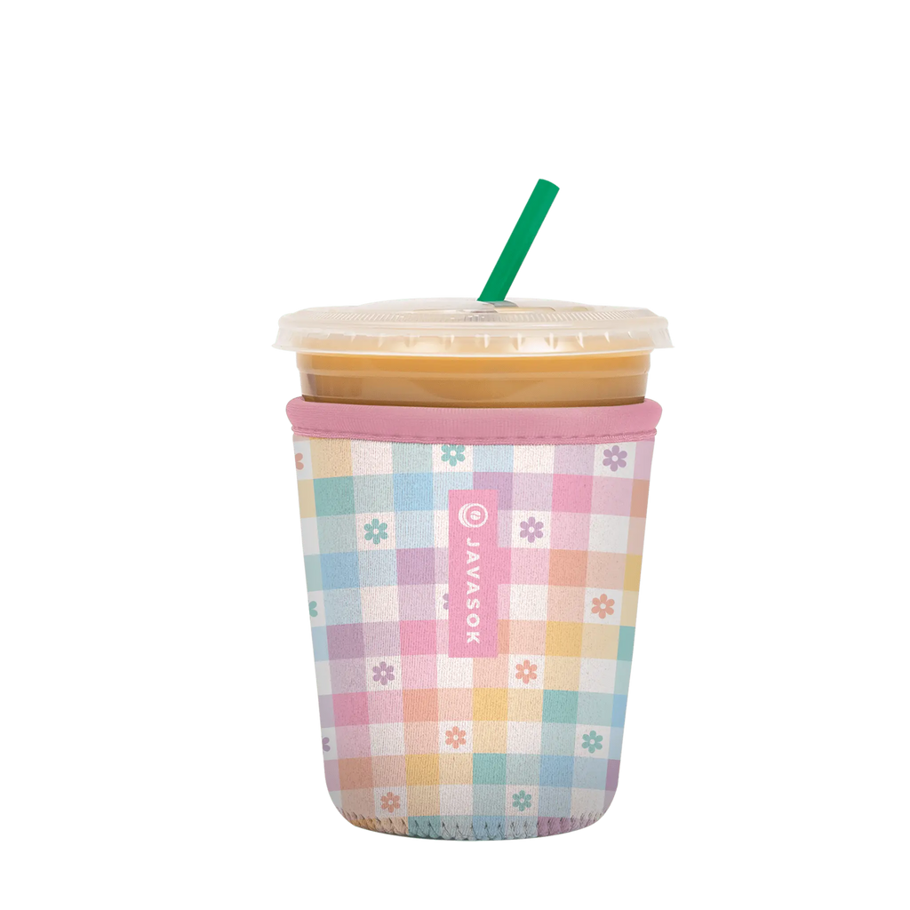 Reusable Cup Sleeve, Gingham Flowers, Neoprene Construction for Iced Coffee, Cold Drinks and Condensation Control, 2 Size Options image 4