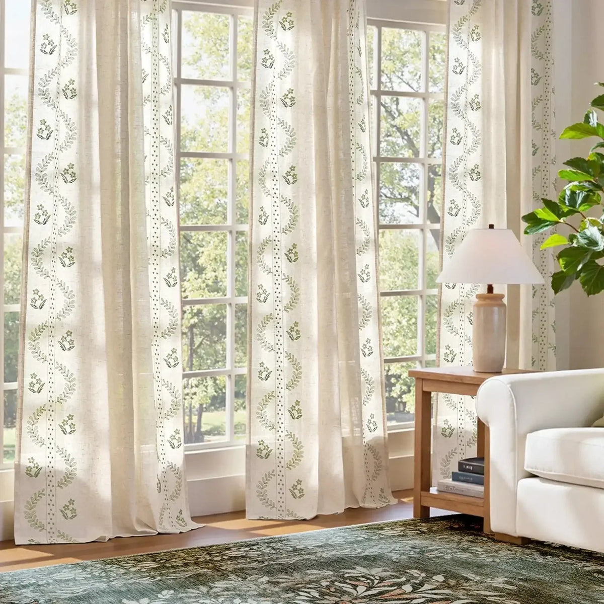 Window Curtain, Embroidered Vine Floral Linen Curtains (2, Lightweight Design for Bedrooms, Living Rooms and Home Privacy image 4
