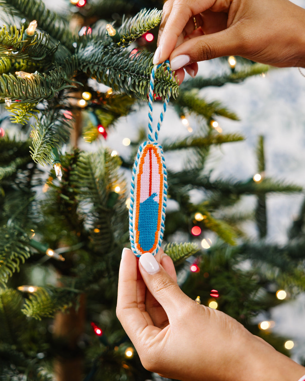 Seasonal Home Decor, Needlepoint Icon Ornament Surfboard for Holiday Displays, Shelves and Festive Rooms image 4