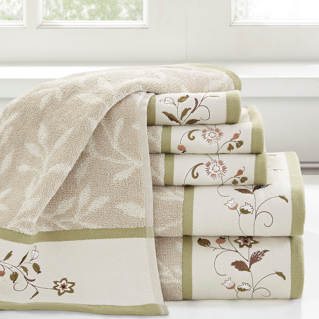 Bath Linen, Serene Embroidered Cotton Jacquard 6 Piece, Machine-Washable Care for Home Bathrooms and Everyday Care, 5 Color Options image 4