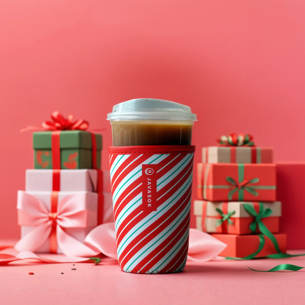 Reusable Cup Sleeve, Candy Cane Stripes, Neoprene Construction for Iced Coffee, Cold Drinks and Condensation Control, 2 Size Options image 4