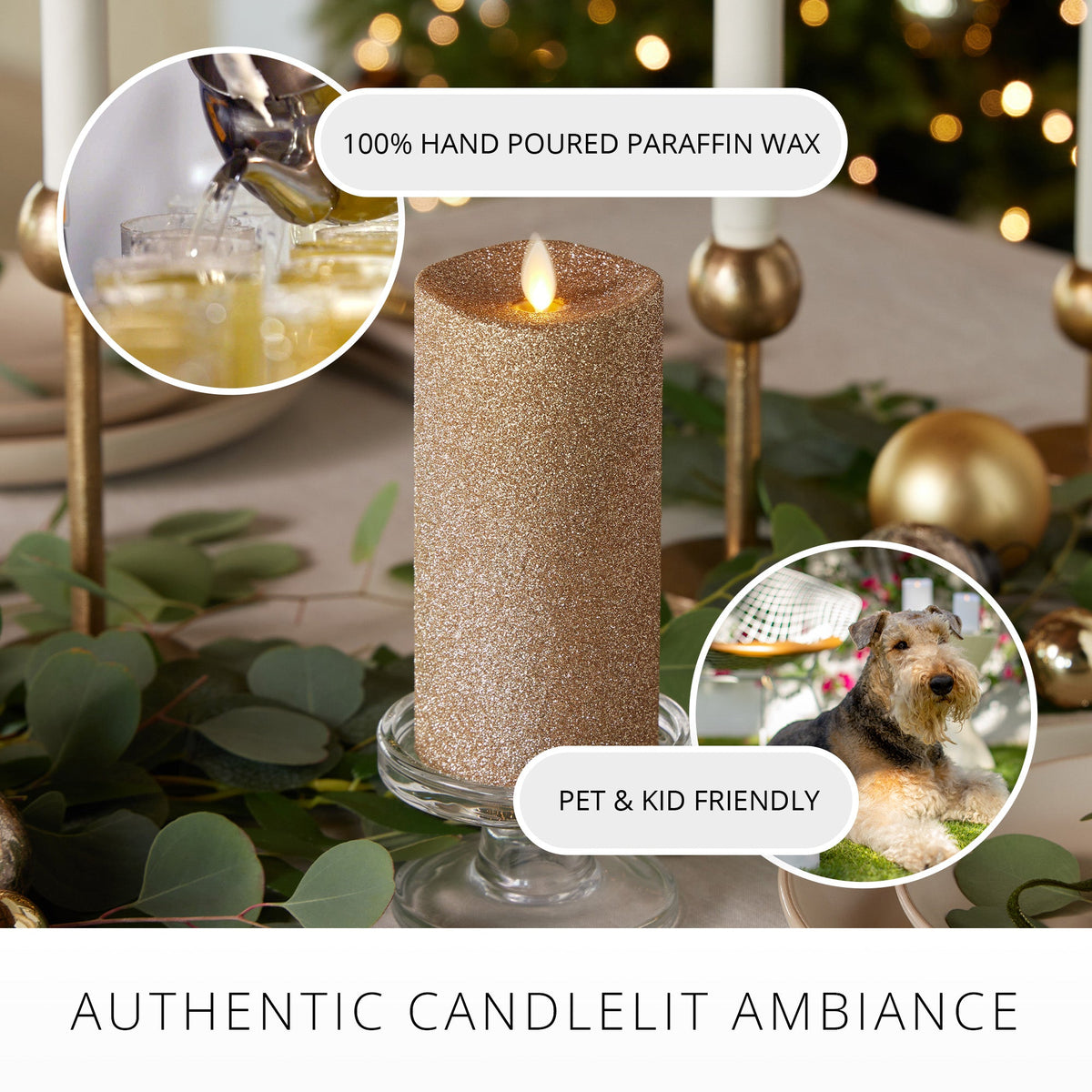 Flameless Candle, Gold Glitter Pillar for Bedrooms, Living Rooms and Everyday Candlelight Ambience, 2 Size Options image 4