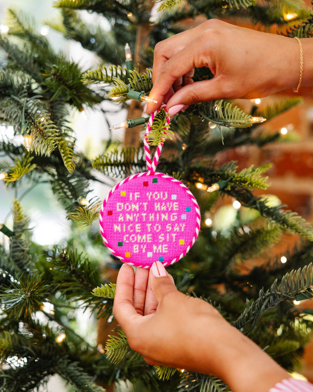 Seasonal Home Decor, Needlepoint Ornament Come Sit By Me for Holiday Displays, Shelves and Festive Rooms image 4