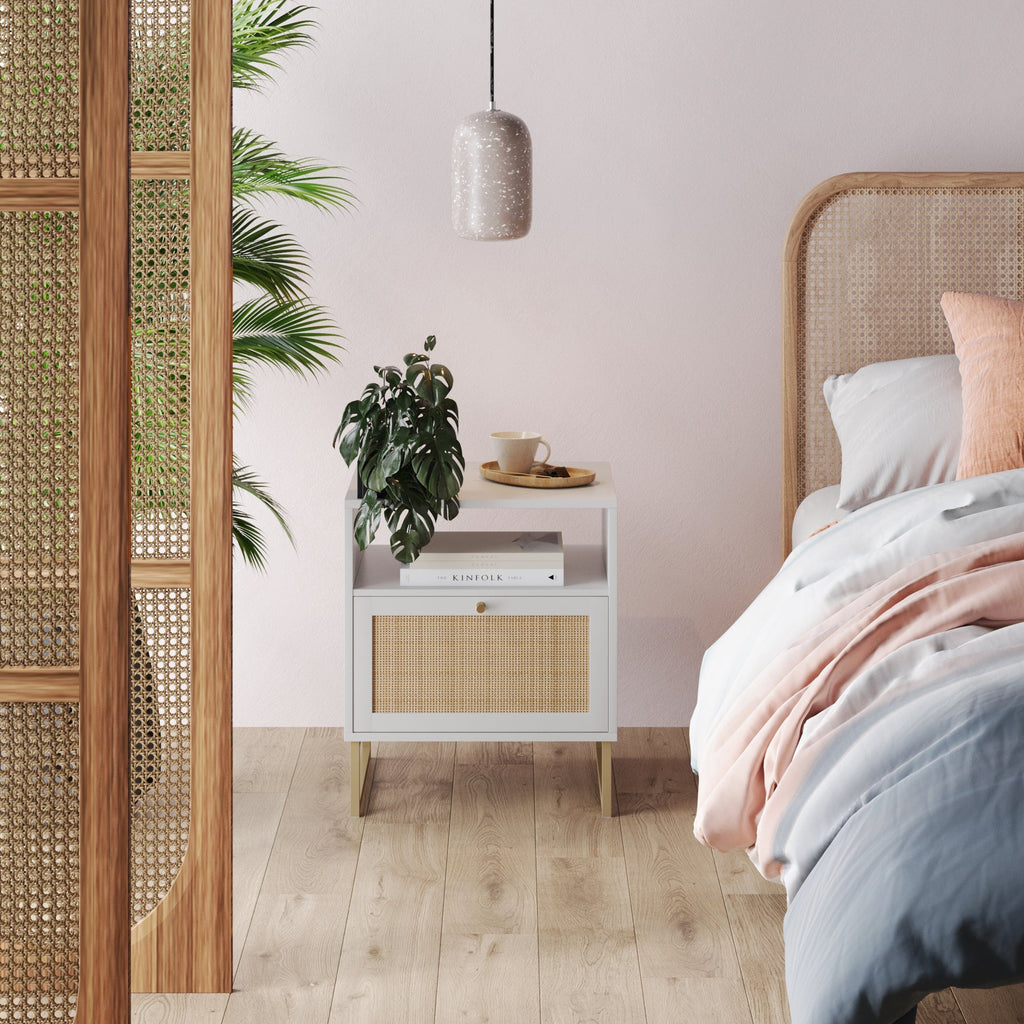 Nightstand, Rattan & Wood Storage White, Adjustable Design for Bedside Storage, Bedroom Organization and Guest Rooms image 4
