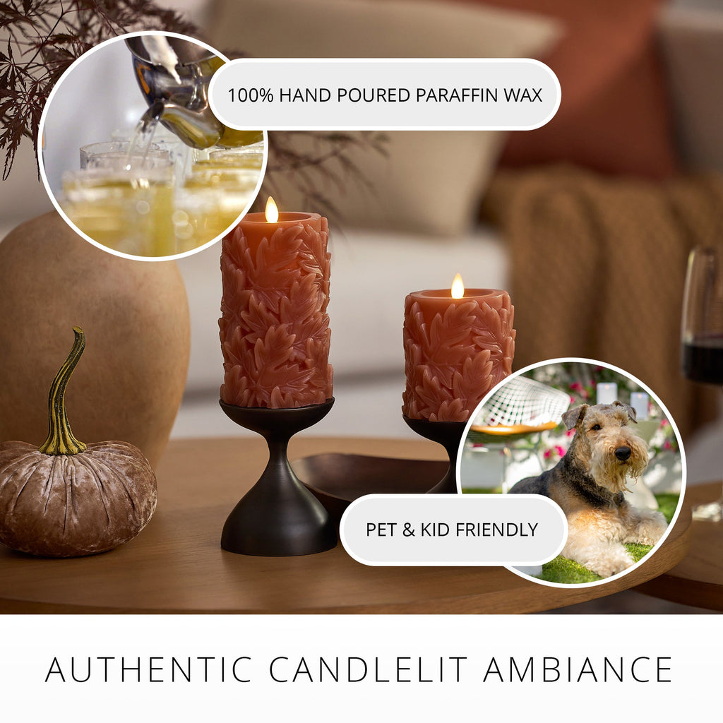 Flameless Candle, Caramel Café Embossed Leaves Pillars for Bedrooms, Living Rooms and Everyday Candlelight Ambience, 2 Size Options image 4