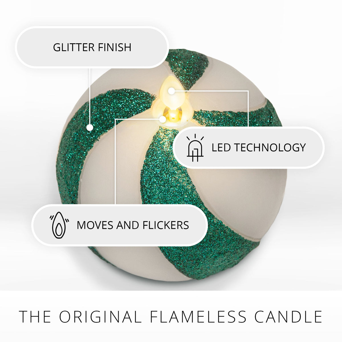 Flameless Candle, Green Candy Cane Glitter Stripe Sphere for Mantels, Entryways and Holiday Displays image 4