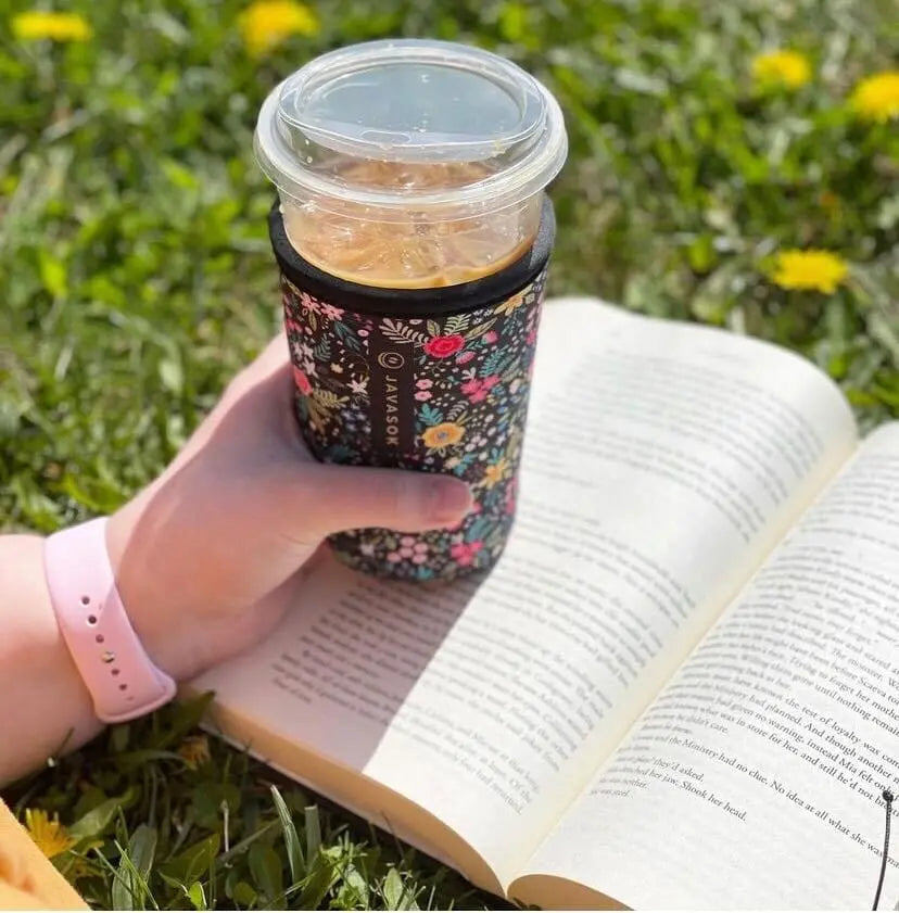 Reusable Cup Sleeve, Black English Garden Picnic, Neoprene Construction for Iced Coffee, Cold Drinks and Condensation Control image 4