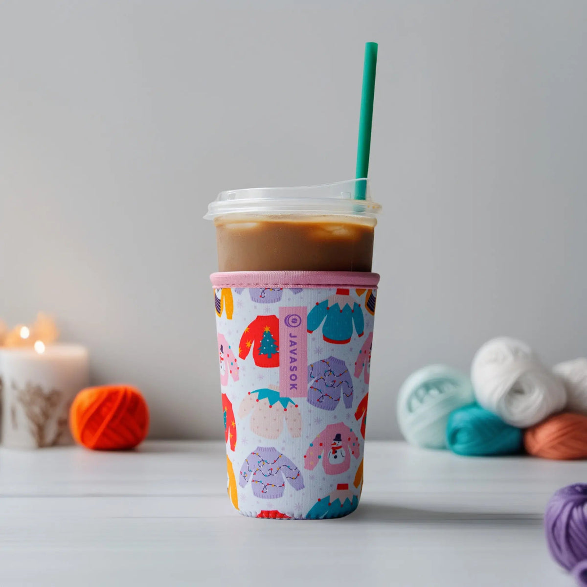 Reusable Cup Sleeve, Cozy Knits, Neoprene Construction for Iced Coffee, Cold Drinks and Condensation Control, 2 Size Options image 4