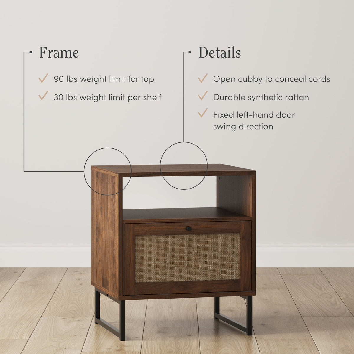 Nightstand, Rattan & Wood Storage Nightstands Walnut Set for Bedside Storage, Bedroom Organization and Guest Rooms image 5