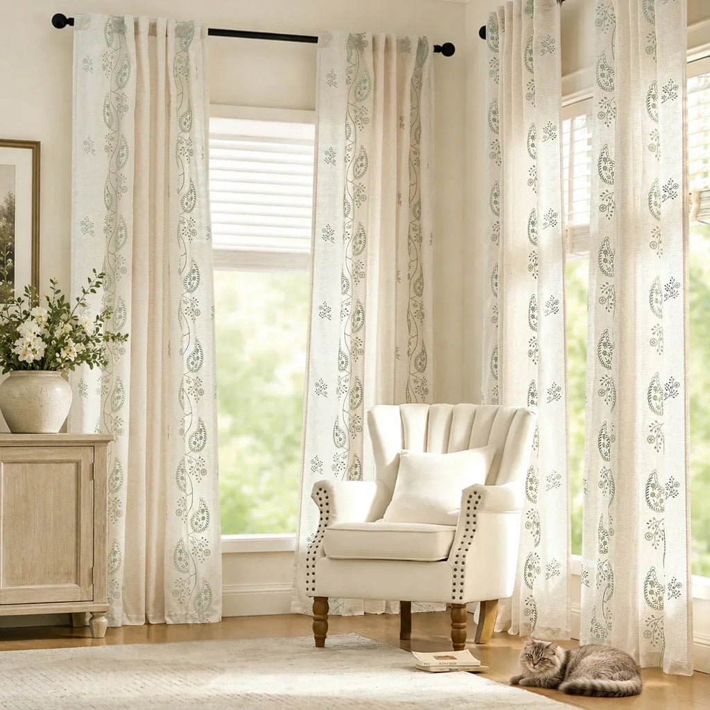 Window Curtain, Embroidered Floral Paisley Vine Linen Blend for Windows, Room Styling and Everyday Privacy, 3 Sizes and 4 Colors image 5