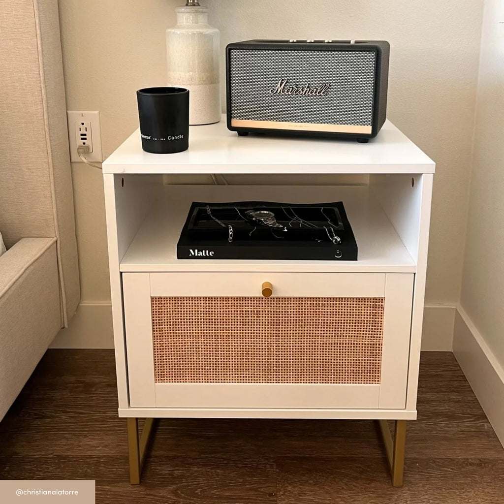 Nightstand, Rattan & Wood Storage White, Adjustable Design for Bedside Storage, Bedroom Organization and Guest Rooms image 5
