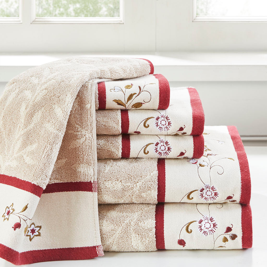 Bath Linen, Serene Embroidered Cotton Jacquard 6 Piece, Machine-Washable Care for Home Bathrooms and Everyday Care, 5 Color Options image 5