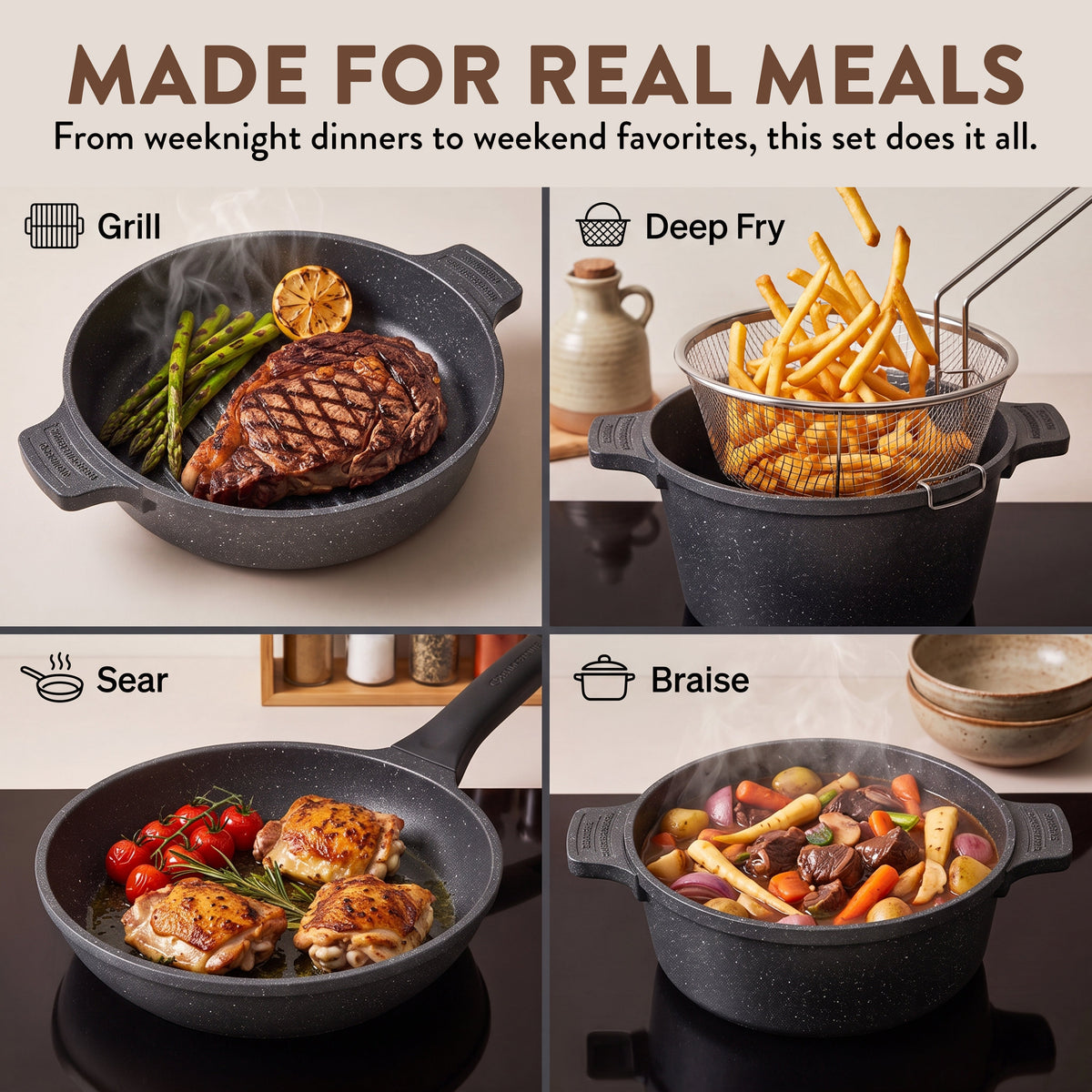 Kitchen Cookware, 8 Piece Nesting Set, Lightweight Design, Silicone Construction for Stovetop Cooking and Daily Meal Prep, 2 Color Options image 5