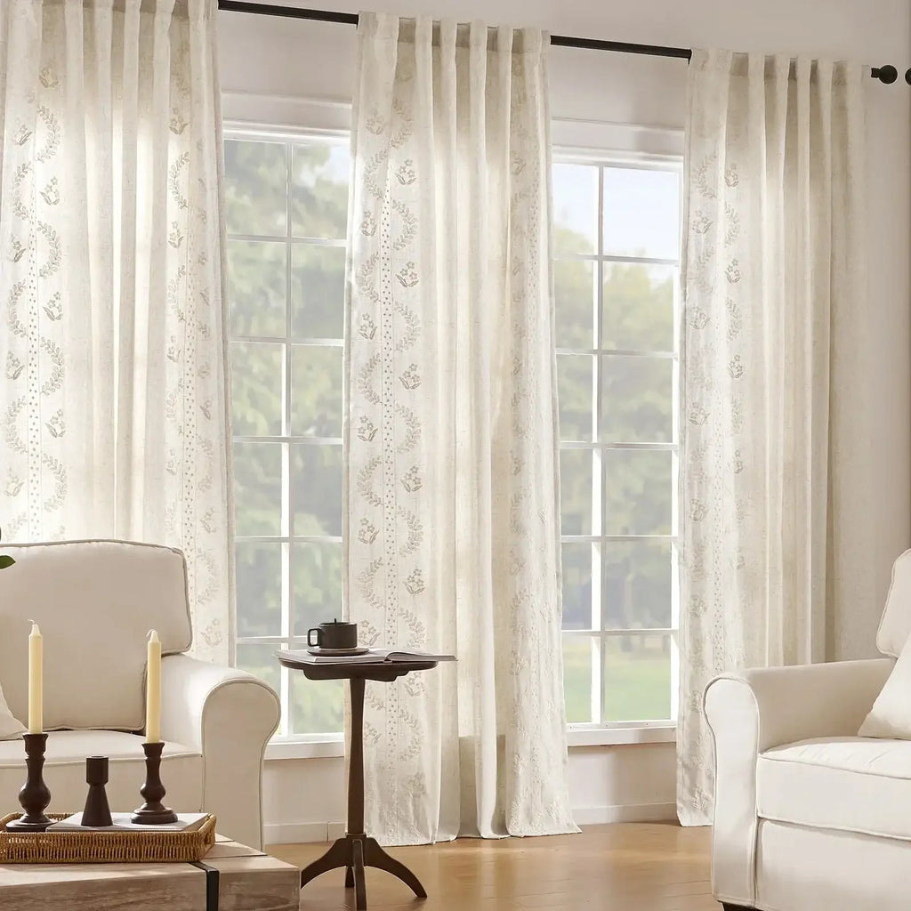 Window Curtain, Vintage Lined Embroidered Botanical Border for Windows, Room Styling and Everyday Privacy, 3 Sizes and 3 Colors image 5
