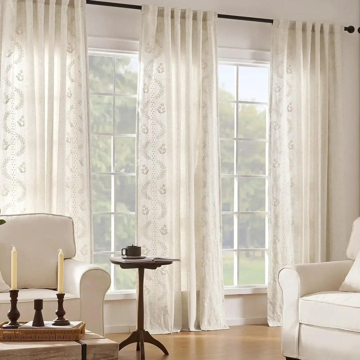 Window Curtain, Vintage Lined Embroidered Botanical Border for Windows, Room Styling and Everyday Privacy, 3 Sizes and 3 Colors image 5