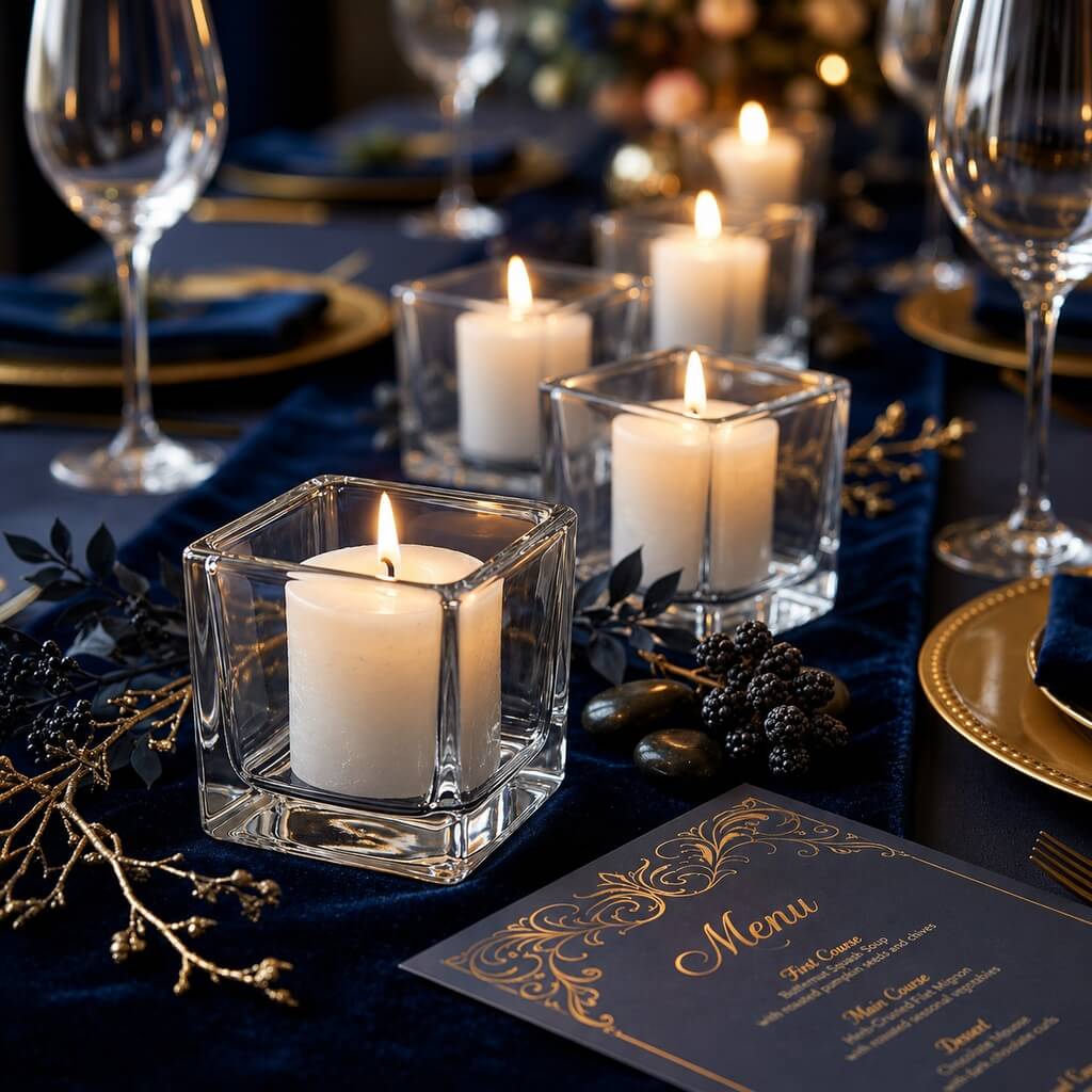 Votive Candle Holder Set, Square 144 Pack, Clear Glass Construction for Tabletop Candle Displays and Home Decorating image 5