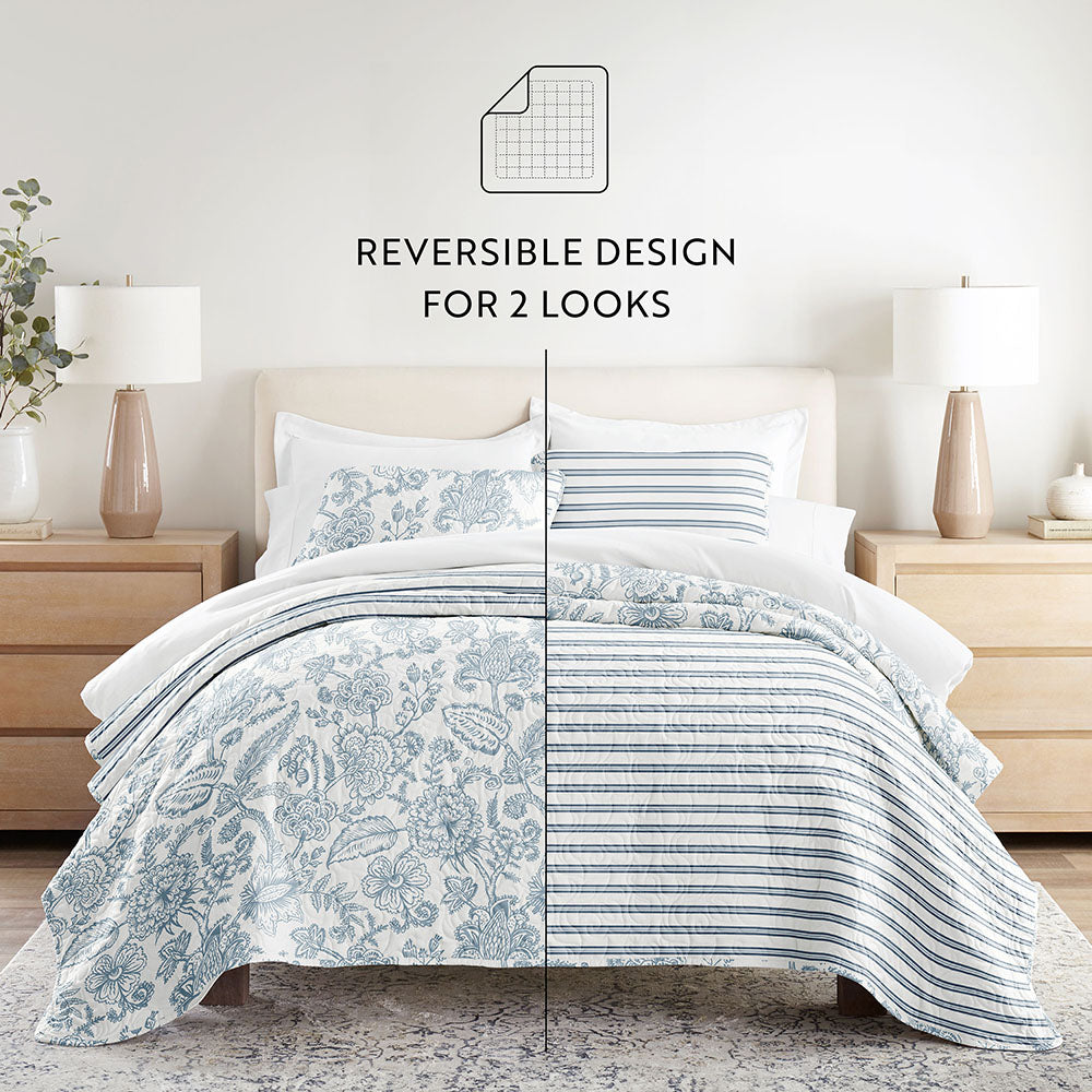 Bed Quilt, Jacobean Stripe Reversible Quilted Coverlet for Bedroom Layering and Everyday Bedding, 3 Size Options image 5
