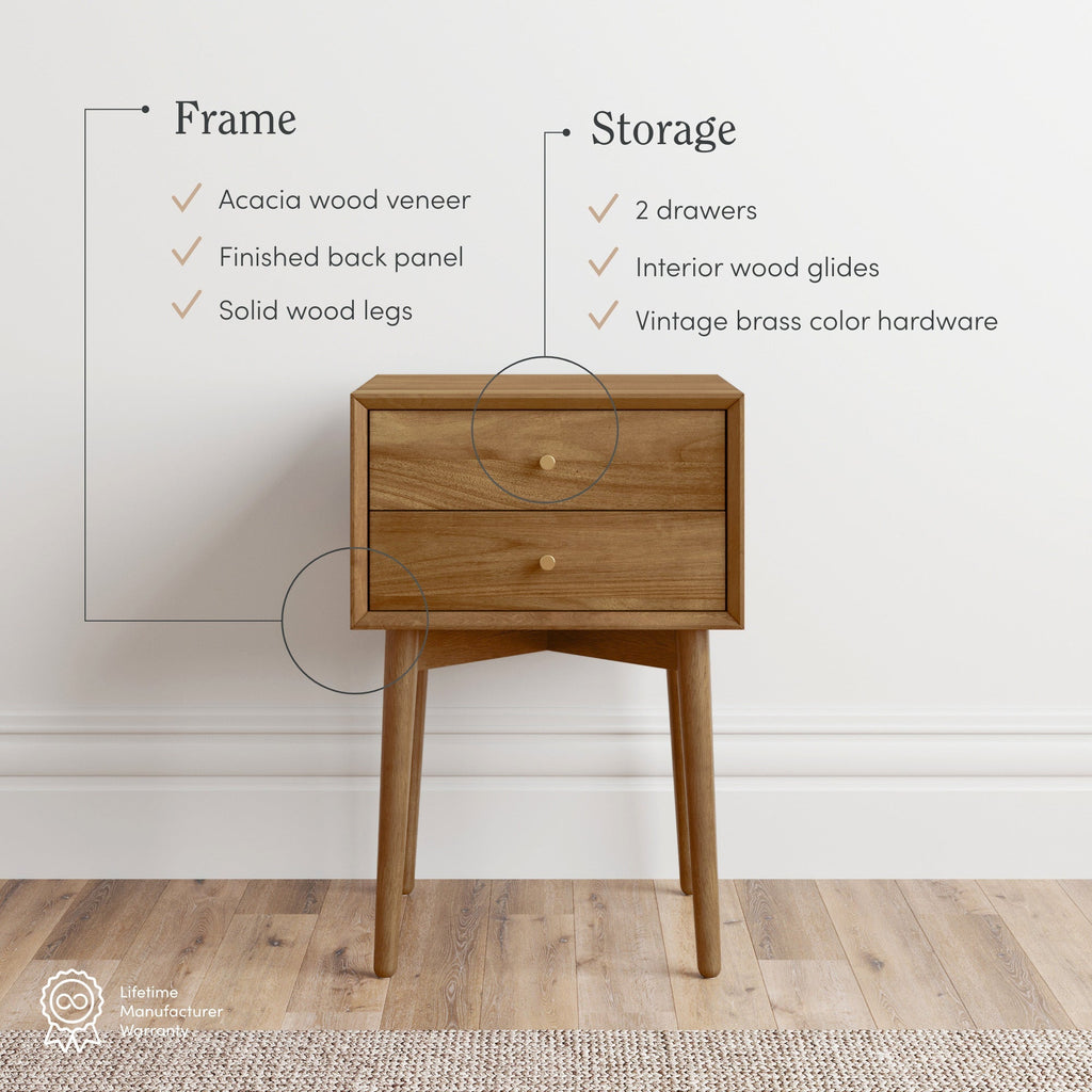 Nightstand, Wood Mid Century Nightstands Acacia (Set of 2), Solid Wood Construction for Bedrooms, Bedside Essentials and Everyday Storage image 5